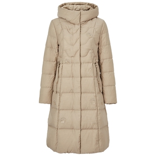 马天奴2025冬季新款纯色绣花连帽长款羽绒服廓形时尚保暖百搭休闲