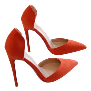 橙色高跟鞋中空尖头女单鞋细跟超浅口绒面法式大小码CD红底鞋13CM