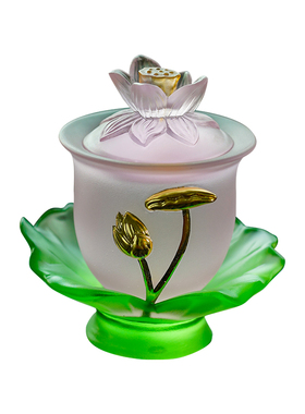 琉璃描金荷叶莲花供水杯桌面摆件