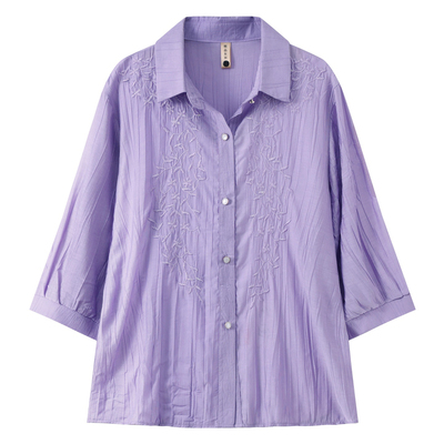 气质刺绣衬衫女中袖翻领妈妈装