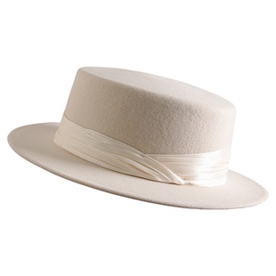 白色羊毛礼帽女秋冬新款高级感优雅法式平顶帽女士赫本风毛呢帽子