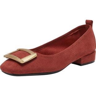 百思图2026春商场新款通勤粗跟方扣绒面浅口女单鞋船鞋R6161AQ6