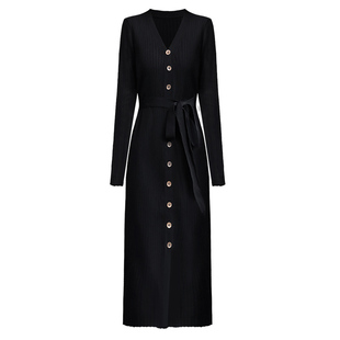 V领打底针织连衣裙修身系带毛衣裙子女秋冬内搭长款过膝黑色长裙