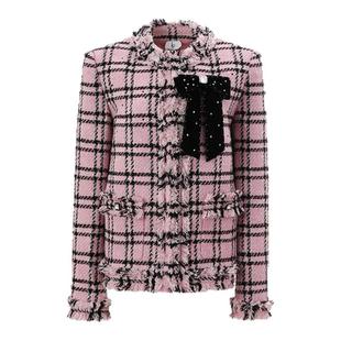 LAMERRY/朗美睿粉黑格子长外套女优雅怀旧格纹回潮配:蝴蝶结胸针