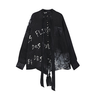 VINZOO - 原创印花黑色铜氨质感丝巾抽绳宽松休闲衬衫薄外套女