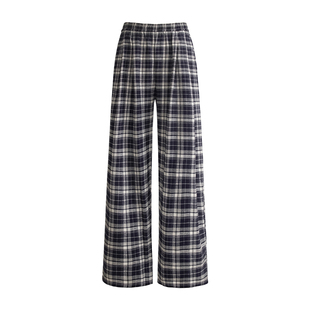 UNIFREE美式复古格纹休闲裤直筒宽松高腰阔腿秋冬百搭拖地格子裤