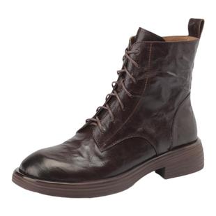 星期六软羊皮英伦风秋冬粗跟马丁靴女百搭系带厚底软底加绒短靴