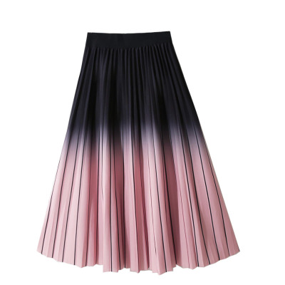 秋冬甜美高腰日系印花渐变条纹欧美百褶显瘦中长款A字撞色半身裙