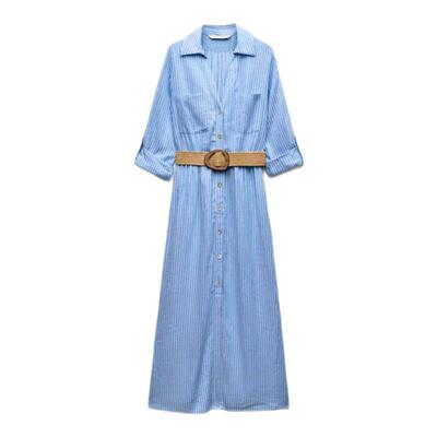 柜429！通勤风配腰带条纹连衣裙