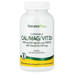 NaturesPlus,钙/镁/维生素 D3 和维生素 K2 咀嚼片，香草味，60