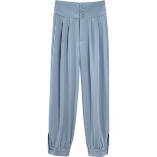 高腰开叉工装束脚西装裤女夏宽松垂感百搭九分灯笼休闲阔腿哈伦裤