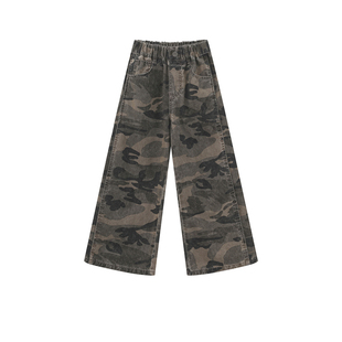 OLAMIMI儿童亲子2026春个性潮酷中性风纯棉做旧迷彩牛仔裤阔腿裤