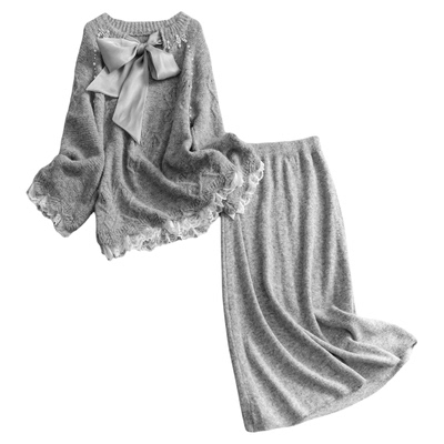 蝴蝶结系带珍珠装饰毛衣裙子套装