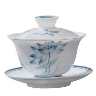 棉小城纯手工釉下彩绘荷花盖碗茶杯三才泡茶碗高温雪白瓷功夫茶具