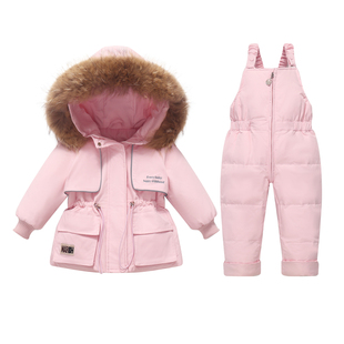 1-3岁女宝宝羽绒服套装中长款女童男孩背带裤收腰派克两件套加厚2