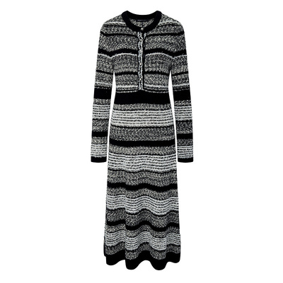 BCBG25冬款时尚高级感线性语言花纱中长款收腰小香风针织女连衣裙