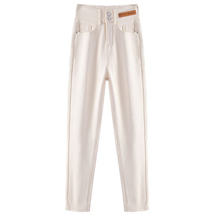 加长款直筒牛仔裤女高腰杏色加绒加厚秋冬季哈伦老爹高个子烟管裤