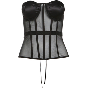 KLIOU 欧美ins黑色网纱拼接透视抹胸背心女个性显瘦掐腰辣妹上衣