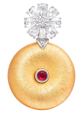 VISING珠宝培育红宝石黄金色平安扣吊坠项链锁骨链拉丝S925银