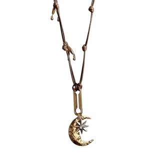 “日月同辉”中古vintage月牙芒星蜡绳项链可调节百搭秋冬毛衣链