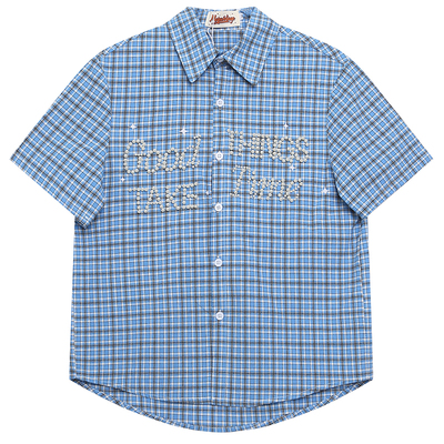 美式复古格子短款正肩短袖衬衫女