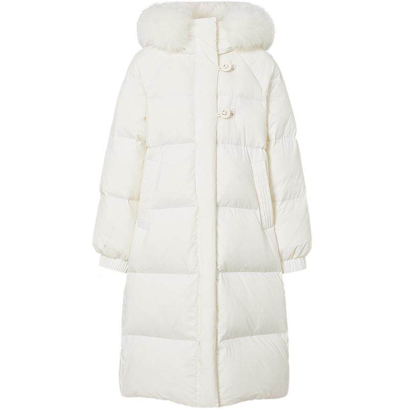 红袖outlets2024冬季新款女装插肩双拉链狐狸毛领羽绒服hopeshow