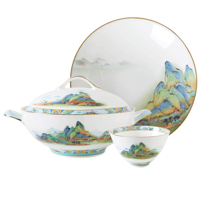 华光国瓷 骨瓷碗碟套装餐具家用中式釉中彩高温无铅釉 千里江山