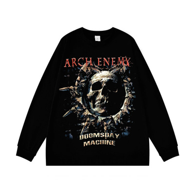 朋克风Arch Enemy大敌乐队长袖T恤男黑色骷髅头印花上衣内搭春秋