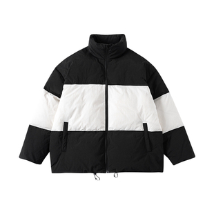 太阳照常升起 潮牌黑白拼接撞色冬季加厚宽松立领羽绒服男女情侣