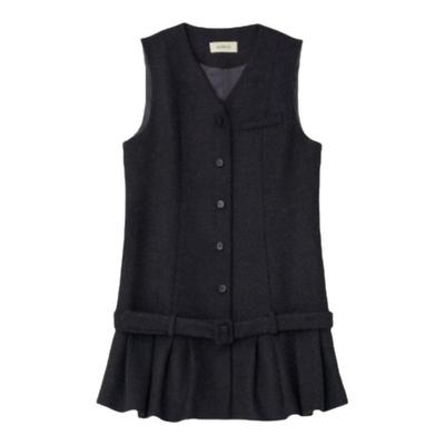 【现货】韩国howus裙子礼服羊毛马甲百褶腰带无袖气质黑色连衣裙