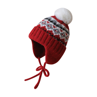 复古提花针织护耳雷锋帽女生甜美卡爱毛球套头帽子费尔岛毛线帽冬