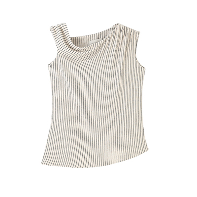 肌理感条纹亚麻上衣斜领无袖背心