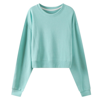 日系湖蓝色卫衣女圆领短款