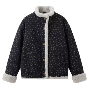 冬季新款时尚简约碎花立领毛毛外套女高级感复古国风洋气保暖上衣