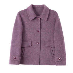 紫色小个子中年妈妈款双面呢羊绒大衣女短款高端减龄羊毛呢子外套