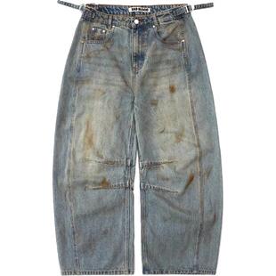 韩国badblood美式复古街头做旧脏染牛仔裤运动休闲短袖阔腿弯刀裤