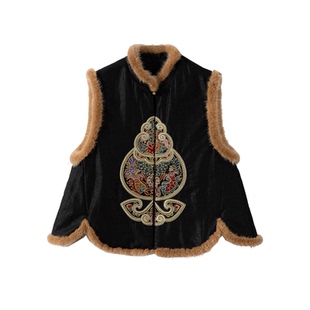 一丝牵填充100%桑蚕丝香云纱龟裂纹国风刺绣水貂毛真丝棉服马甲冬