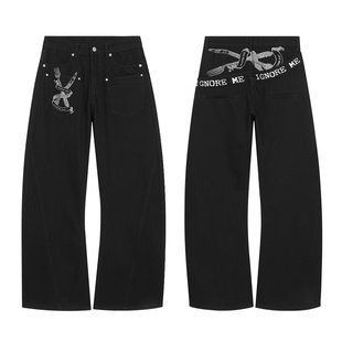 15GET 美式复古标语印花廓形拼接弯刀高级感宽松黑色牛仔裤男女