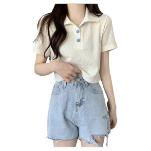 ins超火Polo衫短袖t恤女夏天高腰露脐短款百搭chic港味甜辣上衣潮