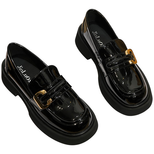 英伦风小皮鞋女秋季复古漆皮一脚蹬乐福鞋平底大头鞋厚底中跟单鞋