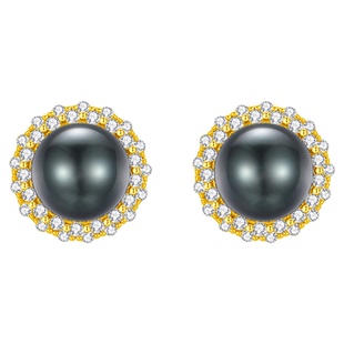 天然黑珍珠耳钉女太阳花银镶大溪地海水珍珠耳饰OL戴妃款气质耳环