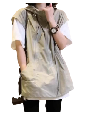 欧货2026新款春秋女宽松休闲拉链开衫无袖连帽马夹上衣薄款马甲潮