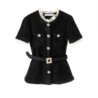 丝绒小香风钻饰蕾丝连衣裙+开衫