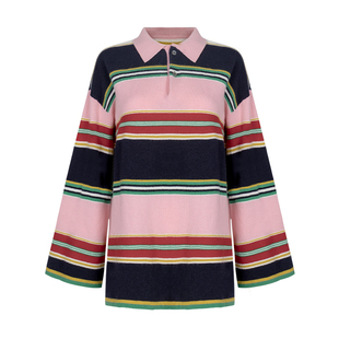 Bettychow 纯羊毛粉色条纹小方领毛衣秋季时髦通勤多巴胺彩色上衣