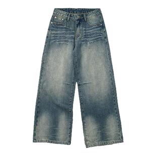 CountryMoment 猫须纹理美式复古做旧直筒阔腿牛仔裤男女Cleanfit