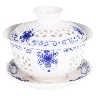 玲珑镂空茶具青花三才盖碗茶杯单个不烫手泡茶碗三泡台陶瓷沏茶碗