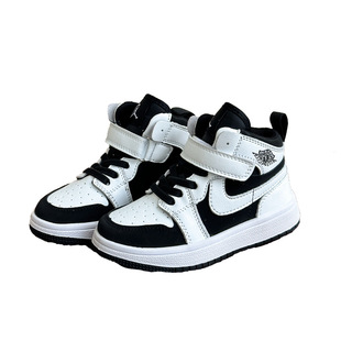 真皮儿童运动鞋高帮板鞋秋冬男女童黑白熊猫鞋加绒二棉休闲鞋软底