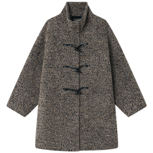 Halo Luu 灰色牛角扣羊毛大衣女冬加厚高级感中长款立领毛呢外套