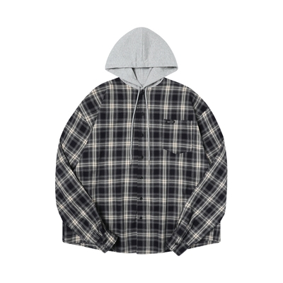 TGNS假两件格纹连帽长袖衬衫外套