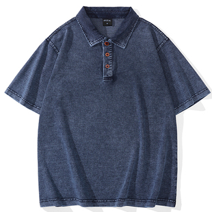 260克重磅男士短袖POLO衫高级感美式复古水洗做旧半袖T恤牛仔上衣
